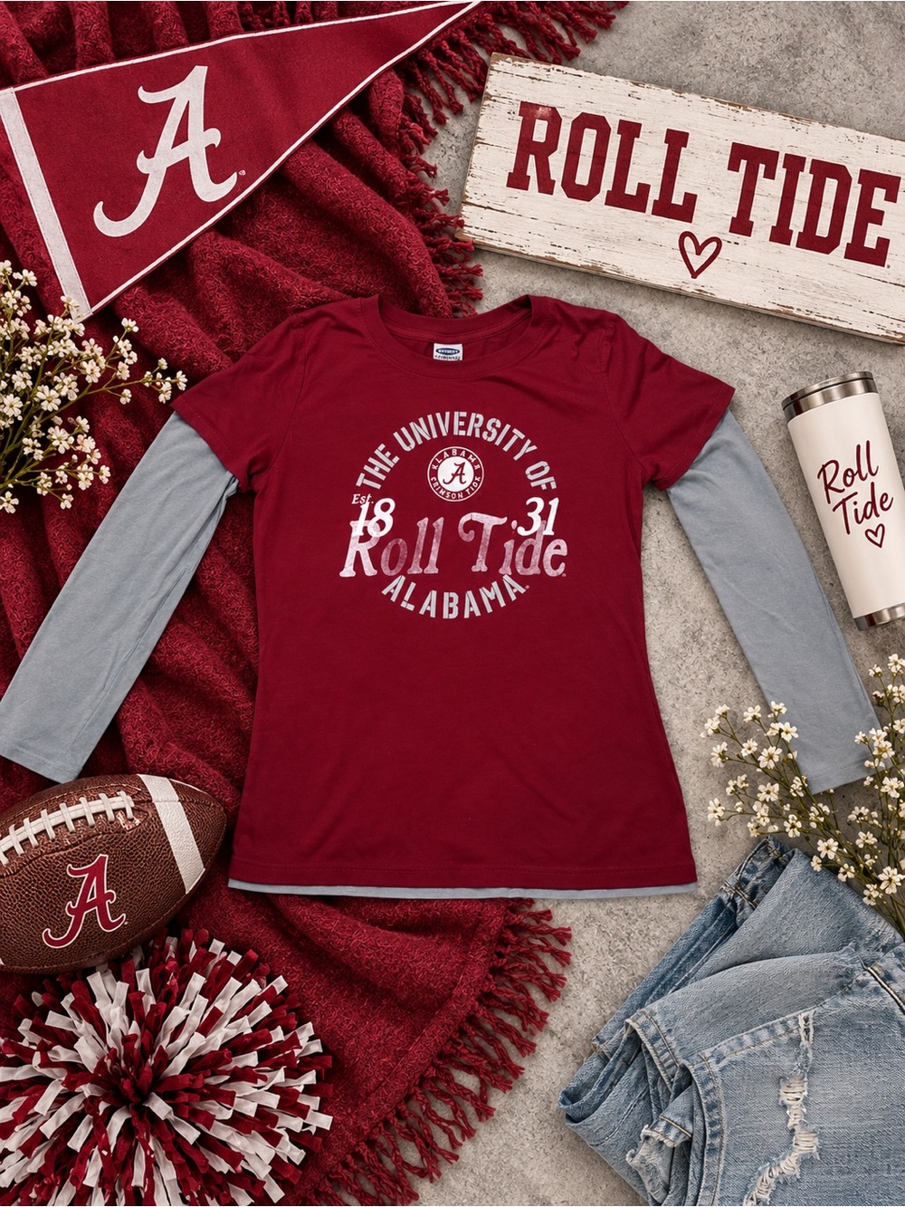 🏈 Alabama Roll Tide Layered Tee – Women’s Medium